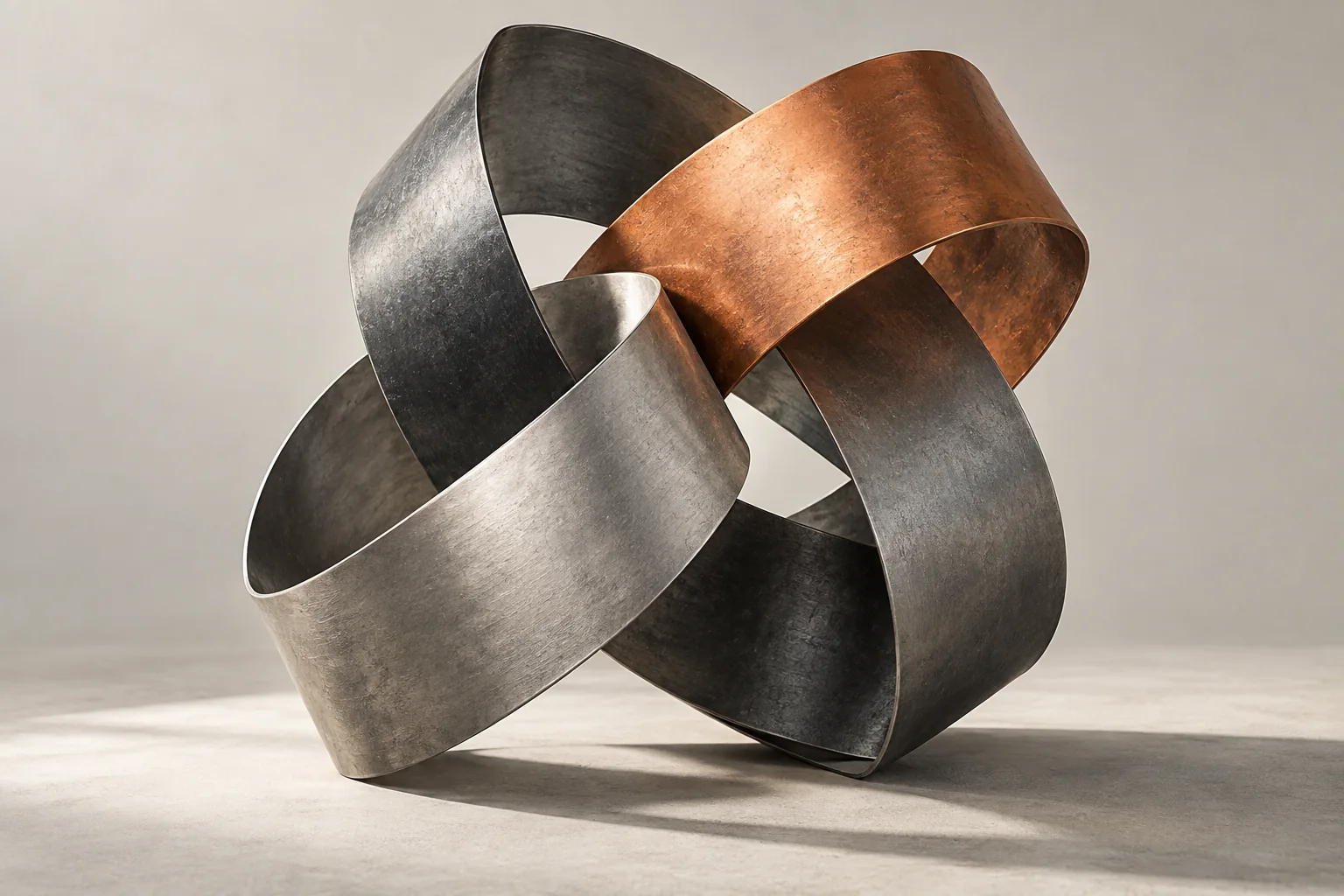 An abstract sculpture of interlocking graphite, silver and copper ribbons